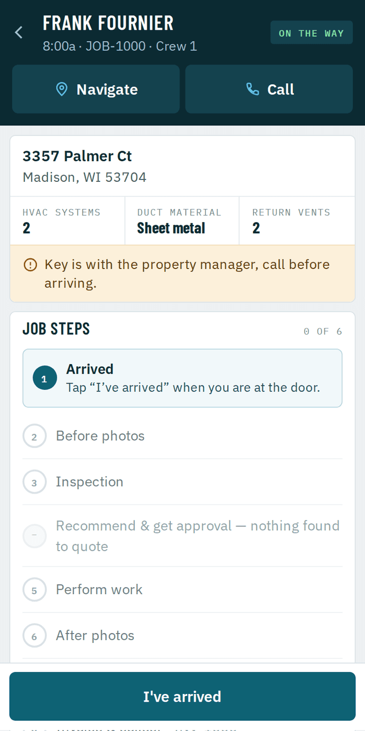A technician's job screen: the address, the way in, and the eight steps of the visit